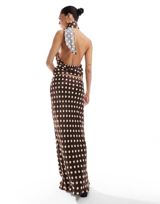 ASOS DESIGN - Jupe d'ensemble longue en satin coupé en biais - Chocolat à pois, 3 de 5