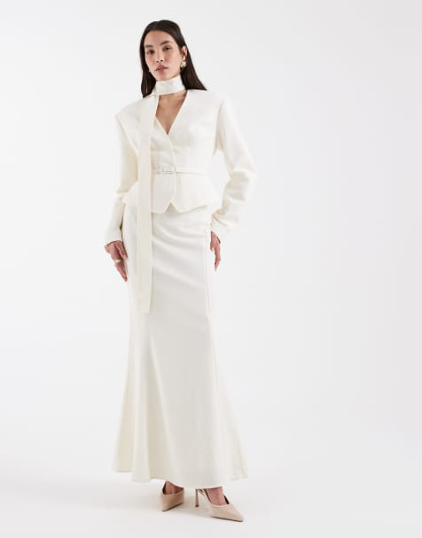 ASOS DESIGN - Jupe d'ensemble longue et ajustée à ourlet plongeant - Crème - view 1