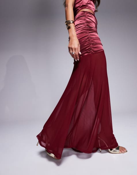 ASOS DESIGN - Jupe d'ensemble longue et froncée en satin stretch avec ourlet en tulle - Baie - view 1