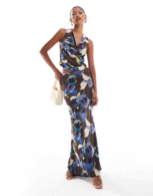 ASOS DESIGN - Jupe d'ensemble longue et moulante à imprimé fleurs flouté