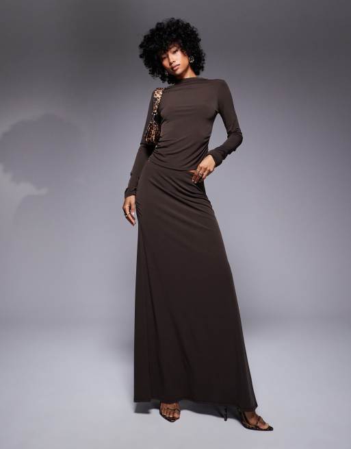 ASOS DESIGN - Jupe d'ensemble longue et près du corps avec fronces à sur le côté et godets - Marron