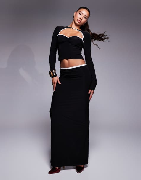 ASOS DESIGN - Jupe d'ensemble longue et près du corps avec ourlet plongeant et bordures contrastantes - Noir - view 1