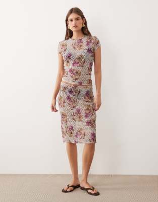 Jupe d'ensemble longueur genou en dentelle à taille basse avec imprimé fleuri antique-multicolore M