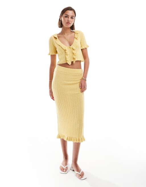 ASOS DESIGN - Jupe d'ensemble longueur mollet en maille à volants - Jaune