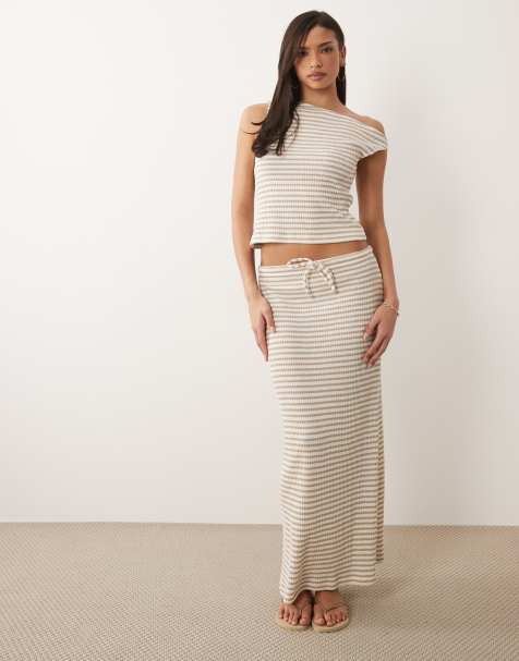 ASOS DESIGN - Jupe d'ensemble texturée longueur mollet à rayures - Kaki et crème - view 1