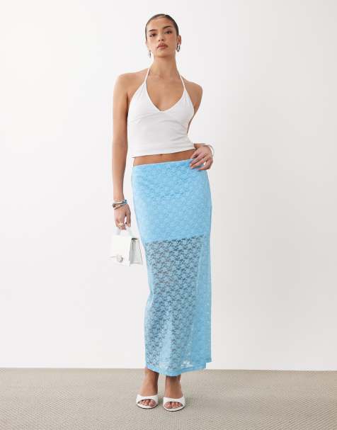 ASOS DESIGN - Jupe droite longue en dentelle - Bleu - view 1