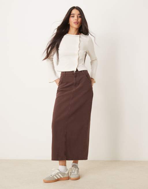 DESIGN - Jupe longue en imitation cuir avec fente latérale - Marron délavé