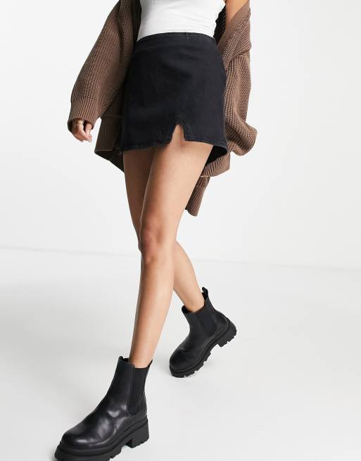 ASOS DESIGN - Jupe en jean taille basse avec fente - Noir - BLACK