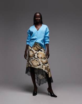 Jupe en satin asymétrique avec bordures en dentelle - Imprimé animal-Multicolore 40