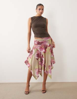 Jupe en tulle transparent à ourlet en pointe et imprimé fleurs - Vert-multicolore 40