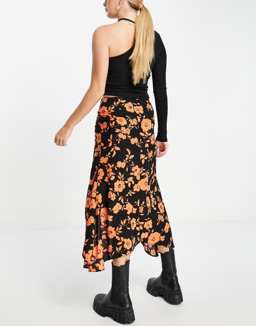 ASOS DESIGN - Jupe froncée mi-longue à imprimé fleuri orange vif , 3 de 4