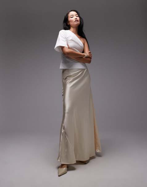 ASOS DESIGN - Jupe longe satinée et drapée coupe volumineuse - Huître - view 1