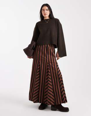 Jupe longue à godets et rayures variées - Noir et marron-Brown 34