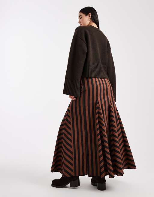 ASOS DESIGN - Jupe longue à godets et rayures variées - Noir et marron, 4 de 5