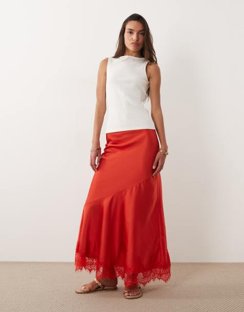 ASOS DESIGN - Jupe longue à ourlet plongeant et ourlet en dentelle - Rouge - view 1