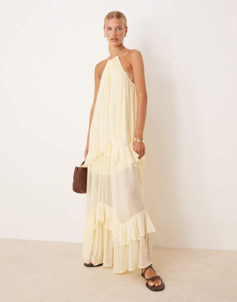 ASOS DESIGN - Jupe longue à volants étagés et encolure américaine - Jaune citron - view 1