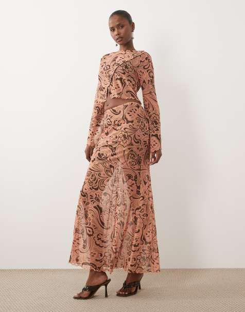 ASOS DESIGN jupe longue coordonnée transparente corail et marron à motif abstrait - view 1
