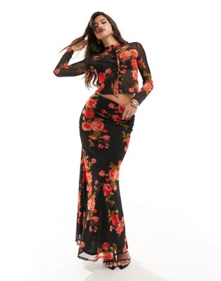 ASOS DESIGN printed mesh fishtail maxi skirt in floral co-ord - ASOS Price Checker