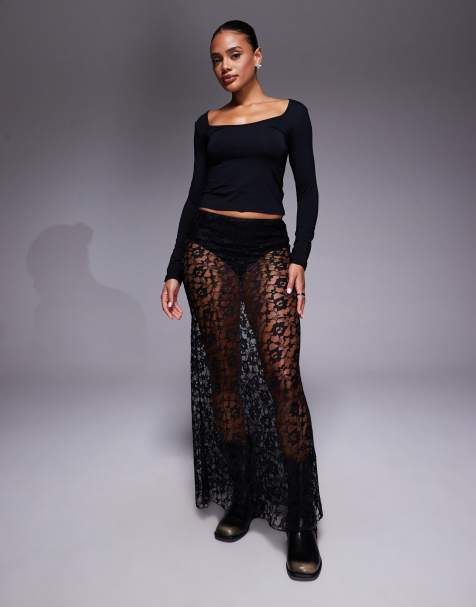 ASOS DESIGN - Jupe longue coupée en biais en dentelle - Noir - view 1