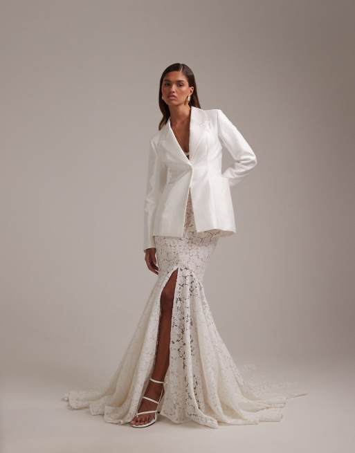 ASOS DESIGN - Jupe longue de mariée en dentelle avec traîne - Ivoire, 5 de 6