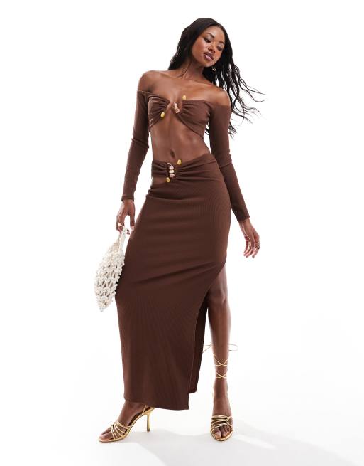 ASOS DESIGN - Jupe longue d'ensemble avec détail métallique - Chocolat