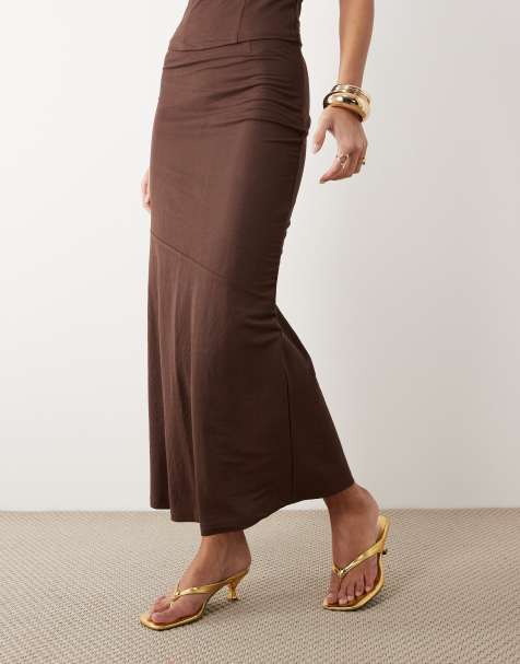 ASOS DESIGN - Jupe longue d'ensemble coupée en biais en imitation lin - Marron - view 1