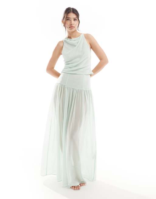 ASOS DESIGN - Jupe longue d'ensemble drapée en mousseline transparente - Vert sauge