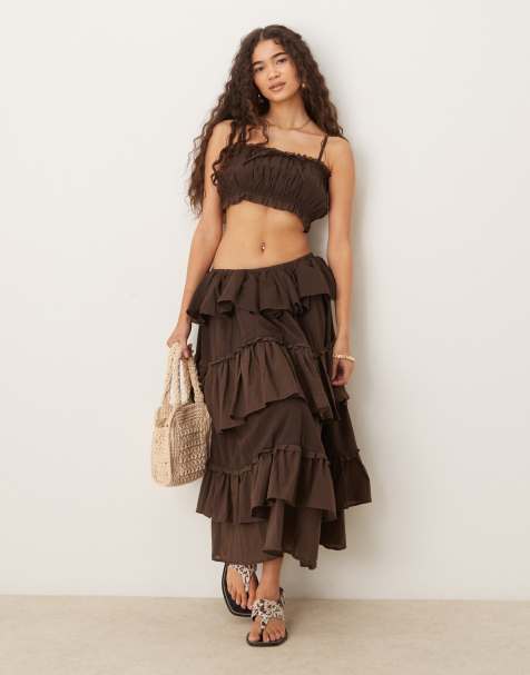 ASOS DESIGN - Jupe longue d'ensemble en coton à volants style champêtre - Chocolat - view 1