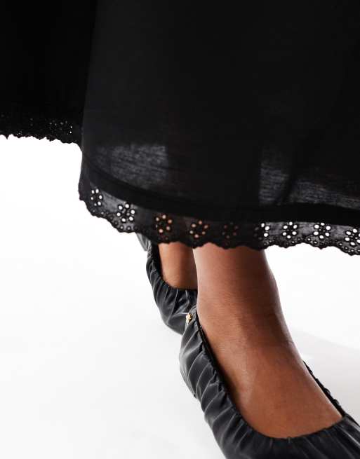 ASOS DESIGN - Jupe longue d'ensemble en coton avec cordon de serrage à la taille et bords en broderie anglaise - Noir, 4 de 5