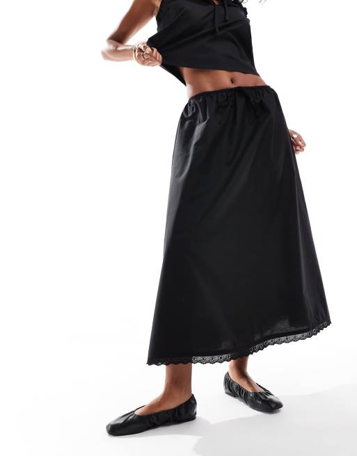 ASOS DESIGN - Jupe longue d'ensemble en coton avec cordon de serrage à la taille et bords en broderie anglaise - Noir, 5 de 5