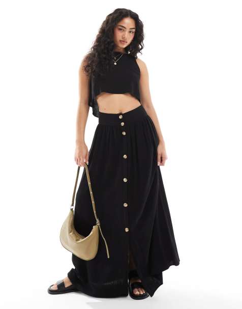 ASOS DESIGN - Jupe longue d'ensemble en lin boutonnée devant - Noir - view 1