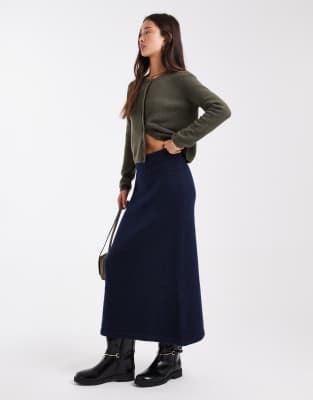 Jupe longue d'ensemble en maille aspect laine-Bleu marine XS