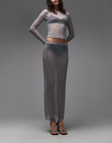 ASOS DESIGN - Jupe longue d'ensemble en maille métallisée semi-transparente - Argenté - view 1