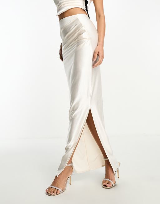 ASOS DESIGN - Jupe longue d'ensemble en sergé de satin froncée sur le côté - Champagne, 4 de 4