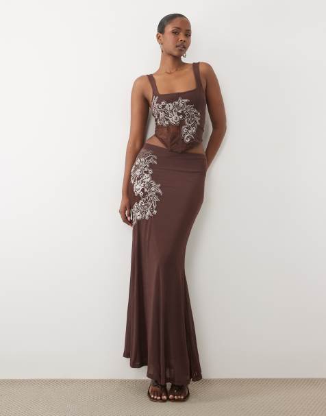 ASOS DESIGN - Jupe longue d'ensemble en tulle brodé - Chocolat - view 1