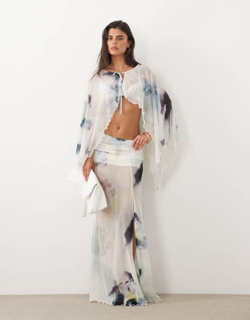 ASOS DESIGN - Ensemble avec jupe longue fendue en tulle à imprimé fleurs - Bleu, 2 de 3