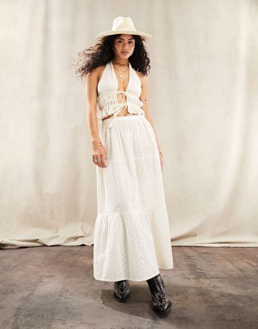 ASOS DESIGN Jupe longue d ensemble tag e et brod e Cr me