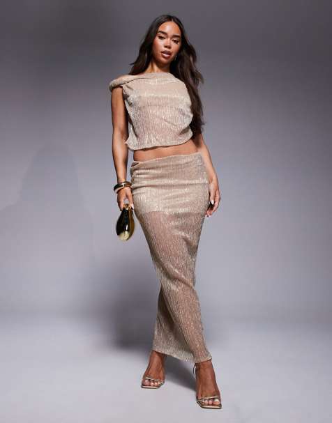 ASOS DESIGN - Jupe longue d'ensemble plissée et torsadée - Doré métallisé - view 1