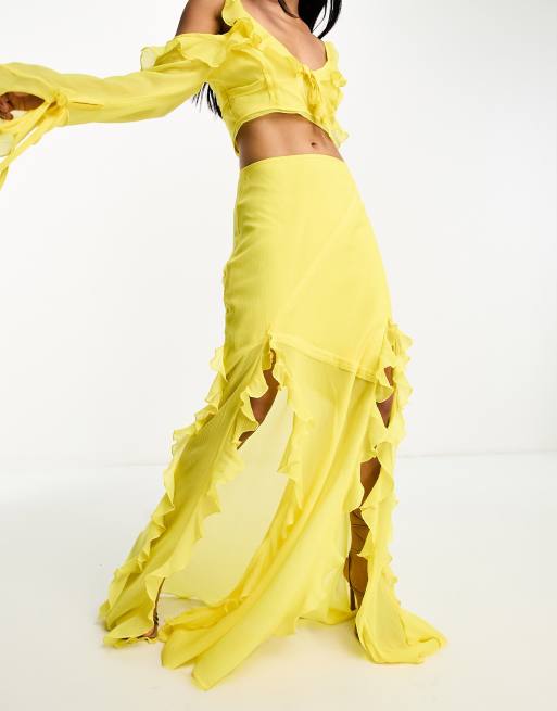 ASOS DESIGN - Jupe longue douce d'ensemble à volants et fentes sur le côté - Jaune, 2 de 4