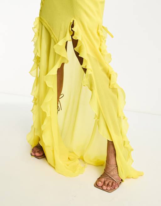 ASOS DESIGN - Jupe longue douce d'ensemble à volants et fentes sur le côté - Jaune, 3 de 4