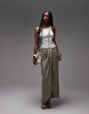 ASOS DESIGN - Jupe longue drapée sur le devant en lyocell - Olive-Vert