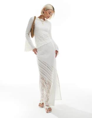 ASOS DESIGN - Jupe longue effet patchwork en aspect lin et dentelle - Crème-Multicolore