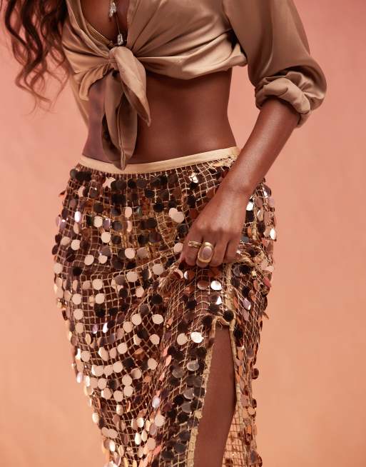 ASOS DESIGN - Jupe longue en biais en tulle résille ornée de sequins - Doré , 2 de 5
