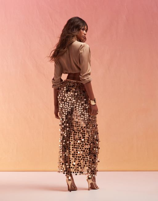 ASOS DESIGN - Jupe longue en biais en tulle résille ornée de sequins - Doré , 3 de 5