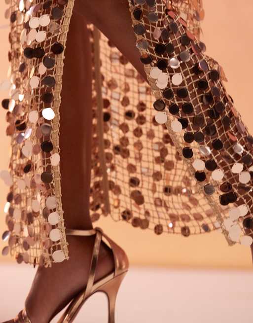 ASOS DESIGN - Jupe longue en biais en tulle résille ornée de sequins - Doré , 4 de 5