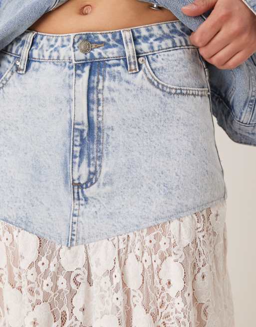 ASOS DESIGN - Jupe longue en denim avec ourlet en dentelle - Bleu clair délavé, 2 de 5