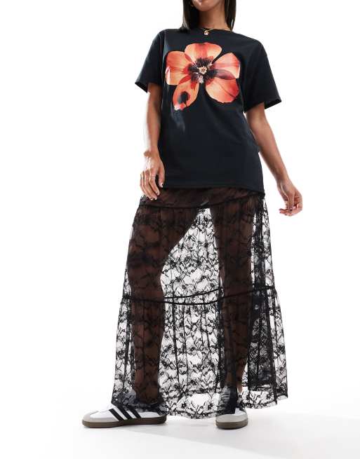 ASOS DESIGN - Jupe longue en dentelle à volants étagés - Noir