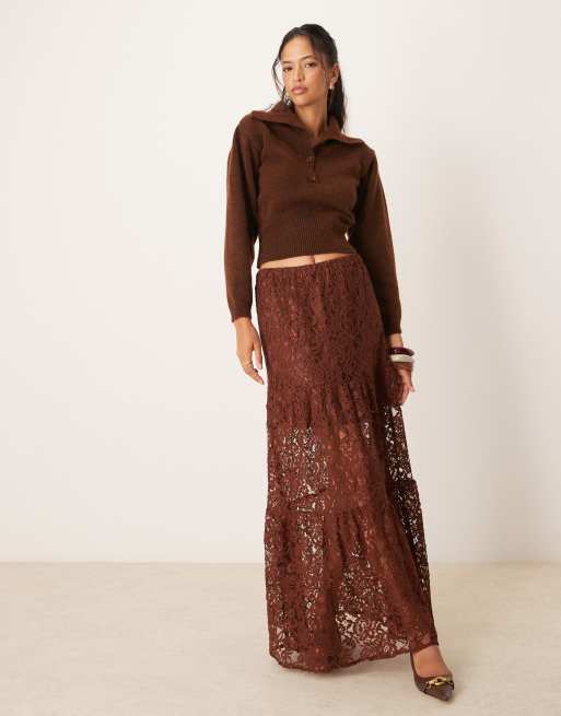 ASOS DESIGN - Jupe longue en dentelle à volants - Marron, 4 de 5
