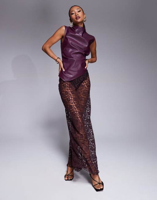 ASOS DESIGN - Jupe longue en dentelle coupée en biais - Bordeaux 