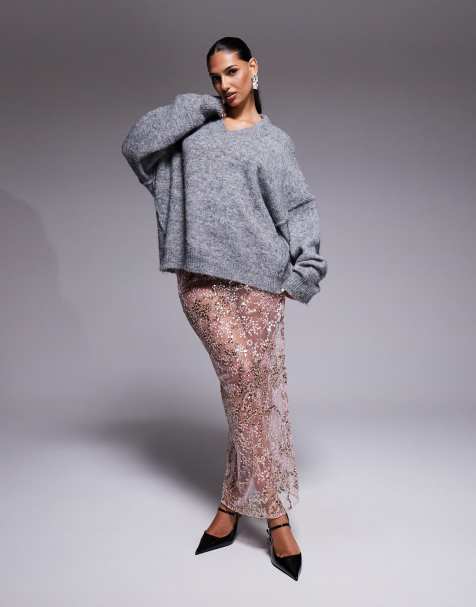 ASOS DESIGN - Jupe longue en dentelle délicate à sequins parsemés - Rose - view 1